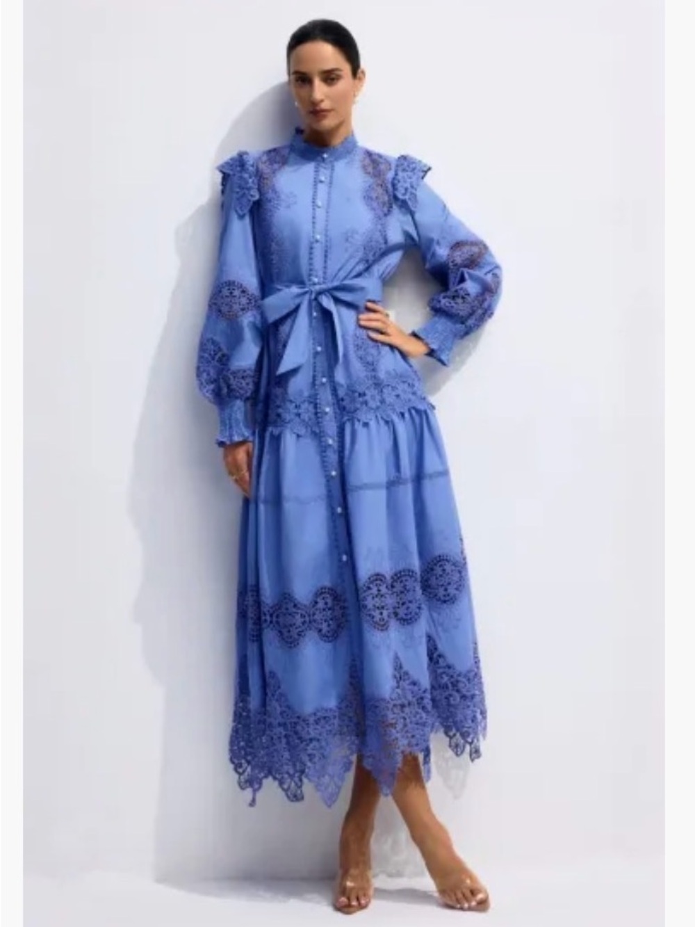 Sunfere Elegant Blue Lace Midi Dress with Waist Tie